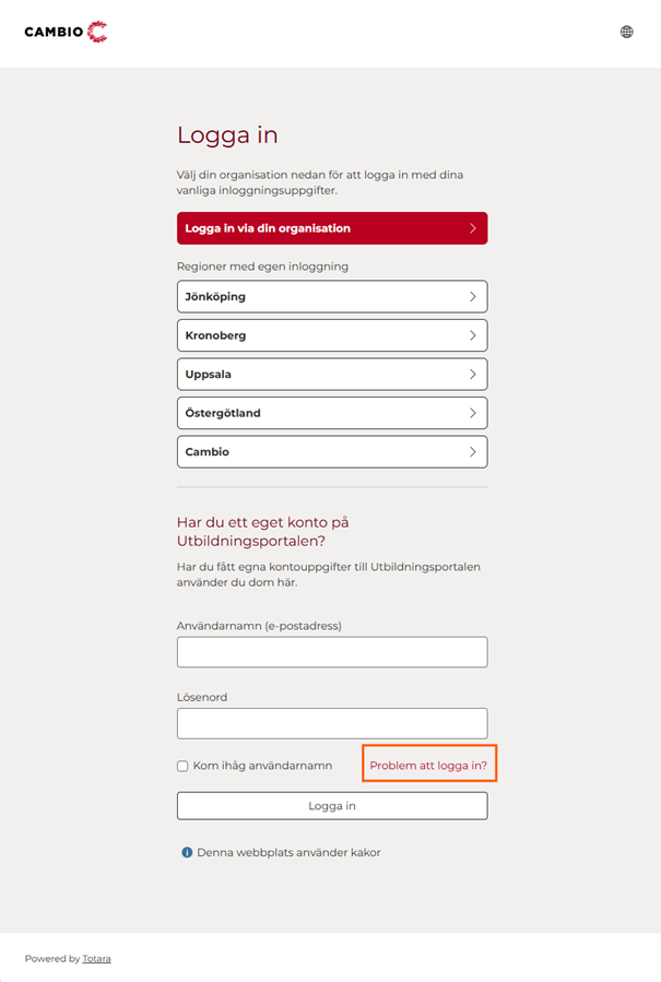 Bilden visar inloggning till Cambio e-learning
