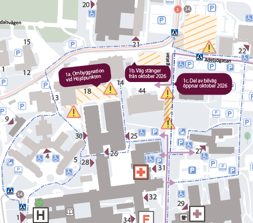 Kartbild över sjukhusområdet i Västerås med byggområden och avstängda vägar