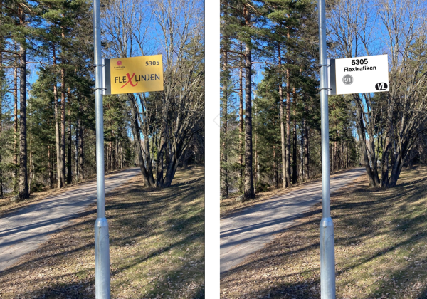 Kollage: Skylt för Flexlinjen och för flextrafiken i Västerås.