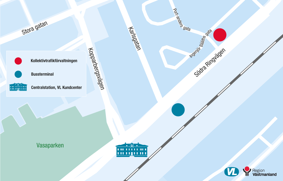 Karta visar var Kollektivtrafikförvaltning finns i förhållande till VL Kundcenter och Västerås centralstation.
