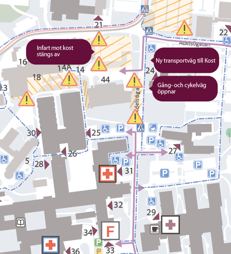 Karta över ändrade vägar på sjukhusområdet Västerås